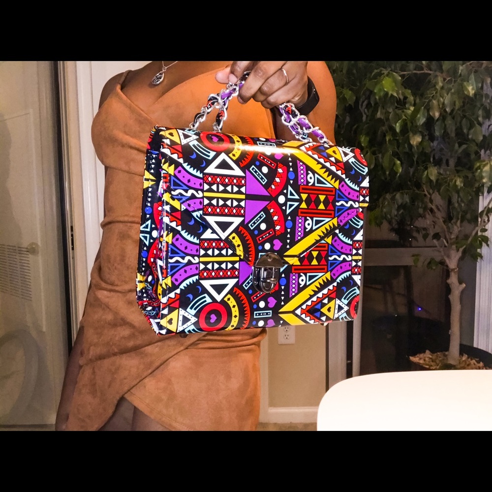 AMAKA Purple Aztec Patent Leather Shoulder Handbag